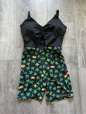 Black & Green Leaf Print Romper